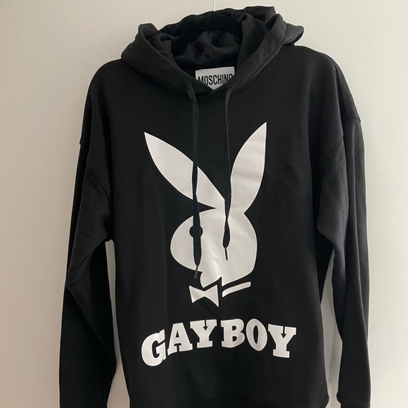 New* AW19 MOSCHINO Couture Jeremy Scott PLAYBOY GAYBOY Black Hooded Sweatshirt - Picture 4 of 5